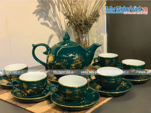 Quà tặng Tân Gia Khai Trương - Bình trà Bát Tràng Đồng Quê Viền Kim