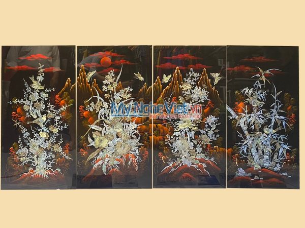 Quà Tân Gia Khai Trương - Bộ tranh sơn mài Mai Lan Cúc Trúc nền ấm