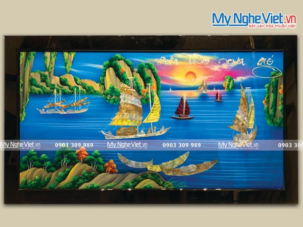 Quà Tặng Tân Gia Khai Trương - Tranh Sơn Mài Thuận Buồm Xuôi Gió cẩn nổi xanh