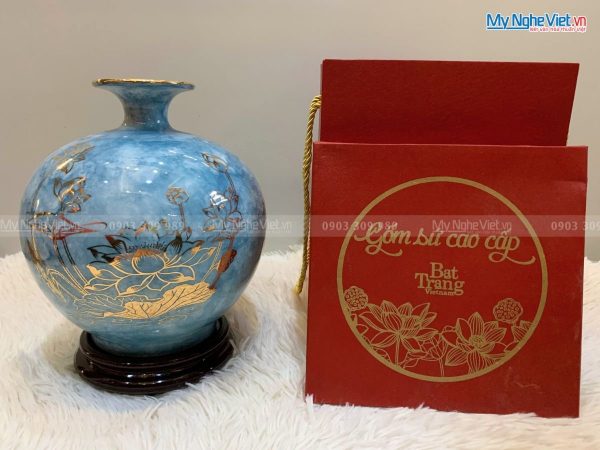 Bình thu tài hút lộc men vân đá vẽ sen H22cm