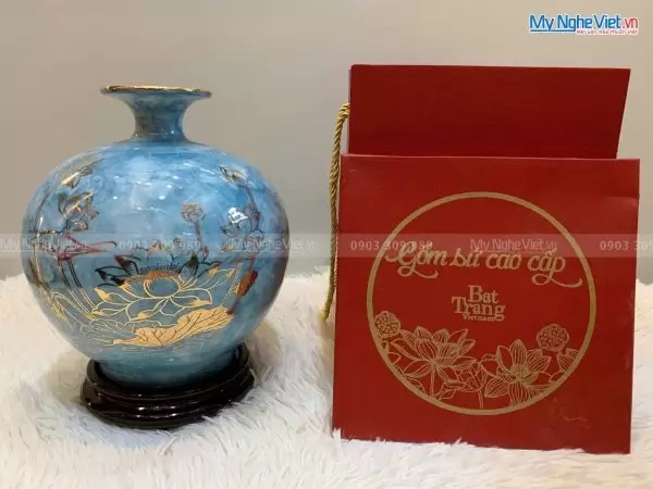 Bình thu tài hút lộc men vân đá vẽ sen H22cm