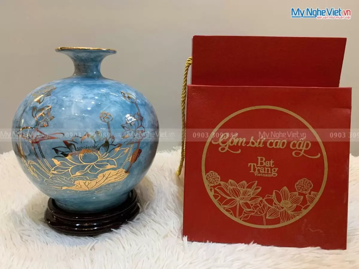 Bình thu tài hút lộc men vân đá vẽ sen H22cm