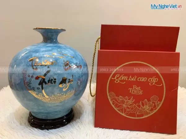 Bình thu tài hút lộc men vân đá (xanh dương) Thuận Buồm Xuôi Gió H25cm MNV-VBT25/1