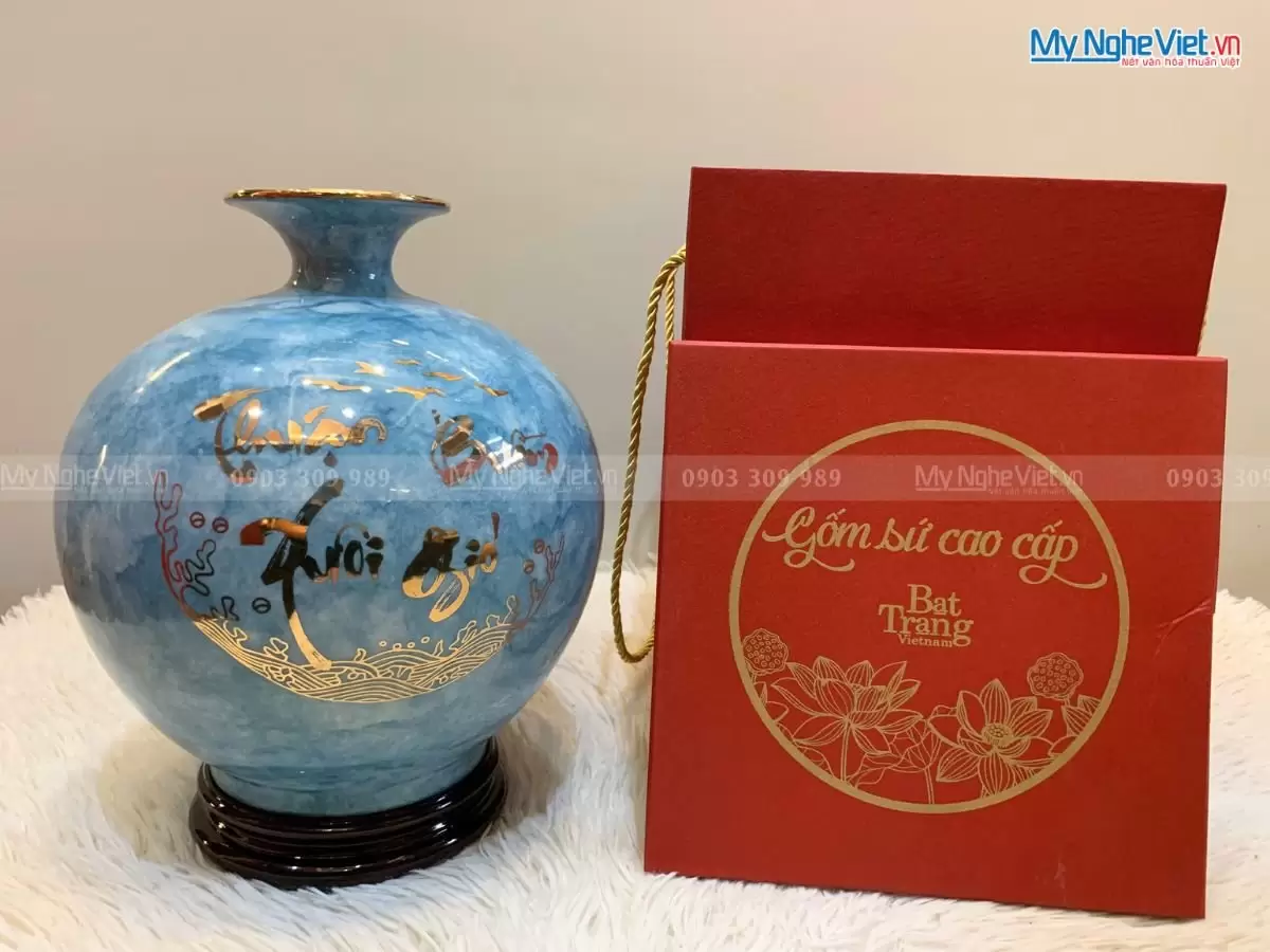 Bình thu tài hút lộc men vân đá (xanh dương) Thuận Buồm Xuôi Gió H25cm MNV-VBT25/1