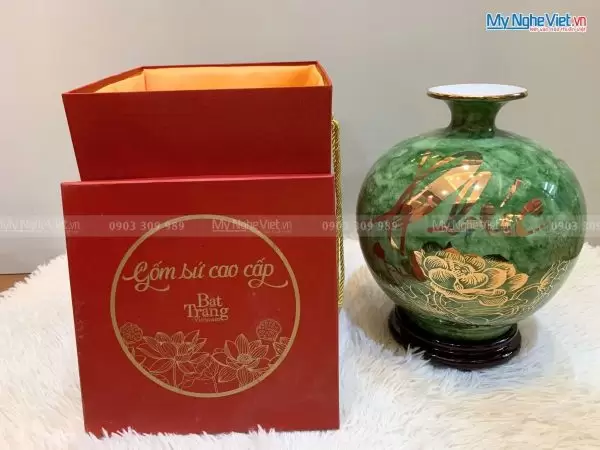 Bình thu tài hút lộc men vân đá (xanh) Lộc Phúc H25cm