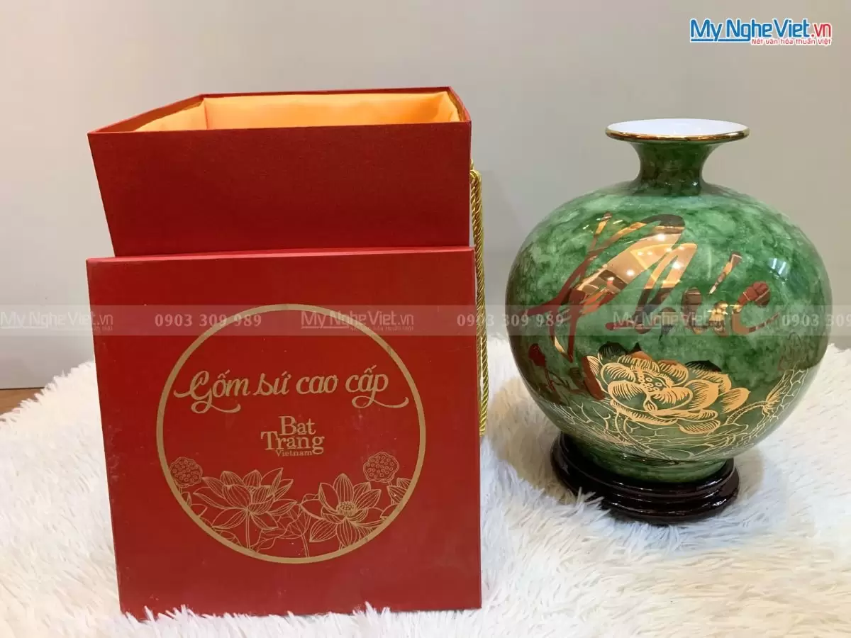 Bình thu tài hút lộc men vân đá (xanh) Lộc Phúc H25cm