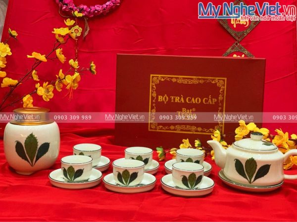 Quà tân gia khai trương - Bộ bình trà Bát Tràng Vẽ Lá Xanh