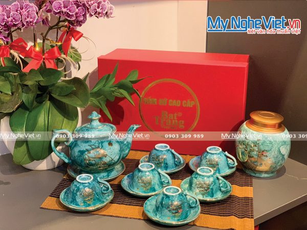 Quà tân gia khai trương - Bộ bình trà Bát Tràng Men Vân Đá