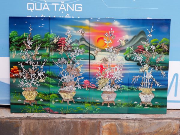 Quà Tân Gia - Bộ Tranh Sơn Mài Mai Lan Cúc Trúc Nền Xanh