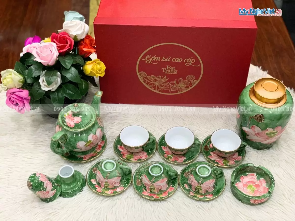 Bộ bình trà cao cấp men vân đá vẽ hoa đắp nổi + phụ kiện