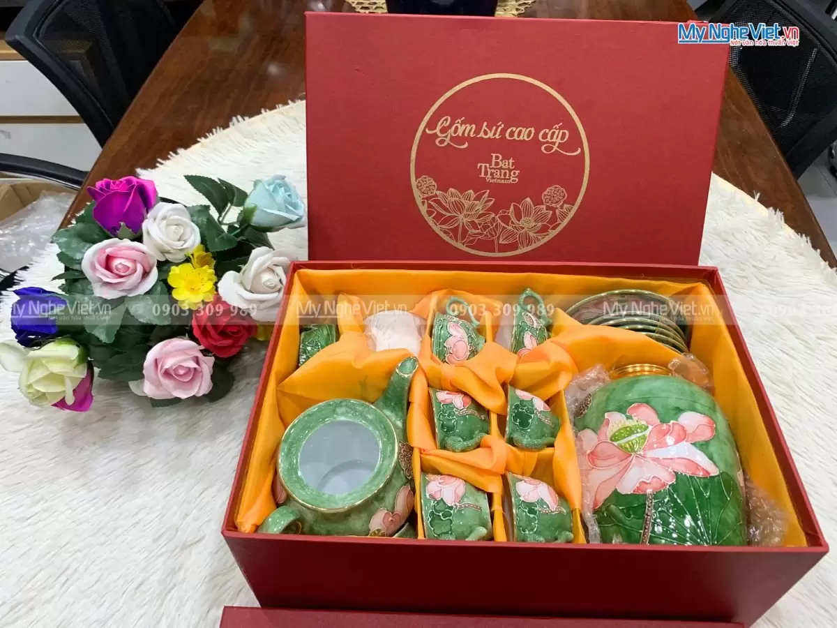 Bộ bình trà cao cấp men vân đá vẽ hoa đắp nổi + phụ kiện