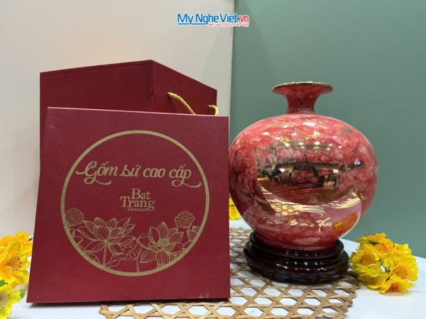 Quà Tân Gia Khai Trương - Bình Thu Tài Lộc Gốm men vân đá (đỏ) thuận buồm