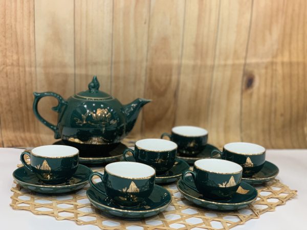 Quà Tân Gia Khai Trương – Bộ bình trà dáng bưởi- ngọn đuốc vẽ sen cổ vịt- viền vàng kim 600ml MNV-TS595-1