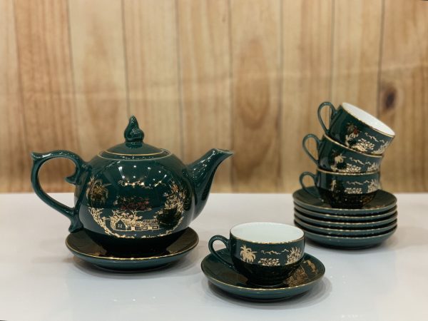 Quà Tân Gia Khai Trương – Bộ bình trà dáng bưởi- ngọn đuốc vẽ đồng quê xanh cổ vịt- viền vàng kim 600ml MNV-TS595-2