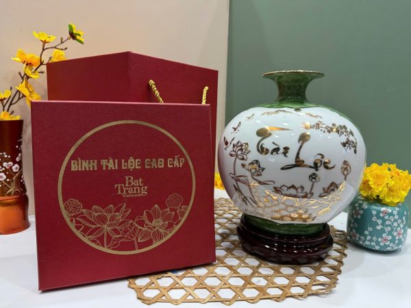 Quà Tân Gia Khai Trương – Bình thu tài hút lộc nhị cảnh Tài Lộc H22cm + chân đế + hộp xi MNV-VBT22/7-1
