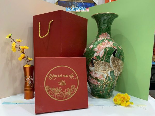 Quà Tân Gia Khai Trương – Thu tài dáng cao- bảo bình 47 vẽ vàng kim hạc sen + hộp xi H47cm LHGML03.1